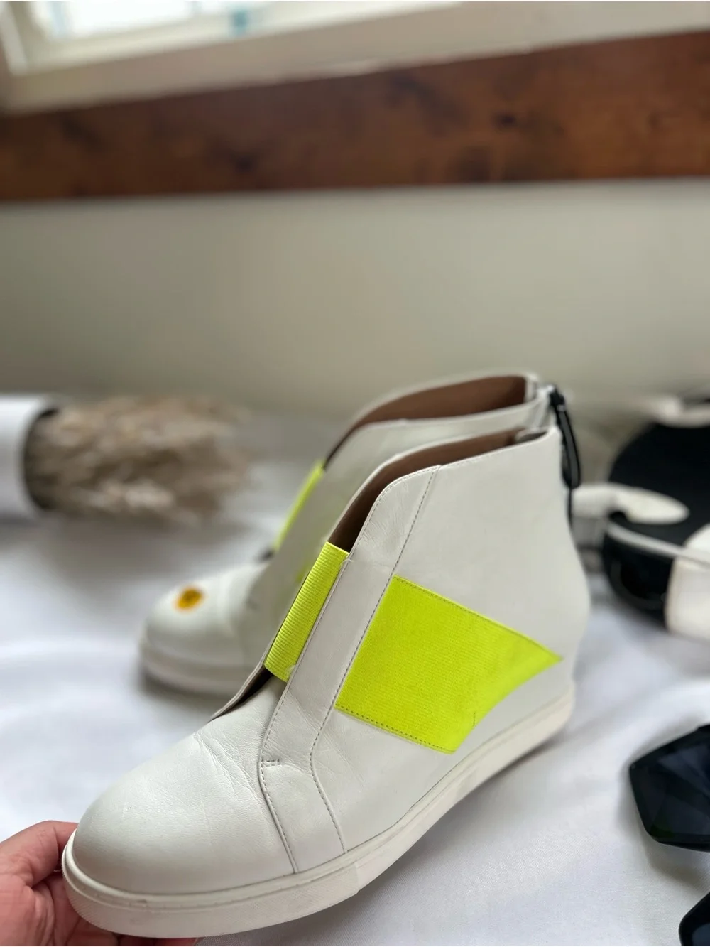 Paolo White Ankle Boots with Neon Yellow Elastic Band 8